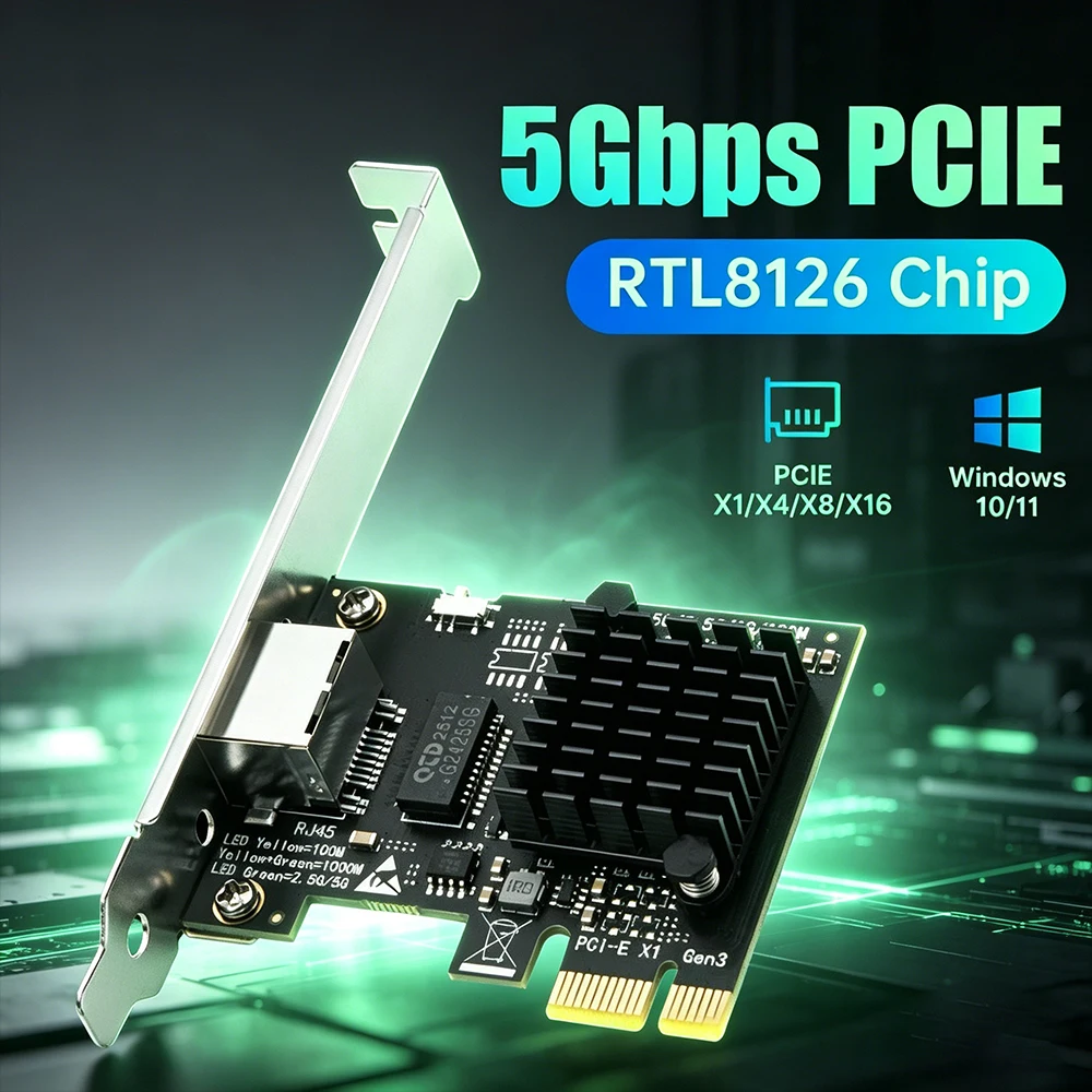5Gbps PCIe to RJ45 Network Card Gigabit RTL8126 100Mbps/1G/2.5G/5G Gigabit Ethernet PCIE Wlan Adapter For Desktop PC Win10