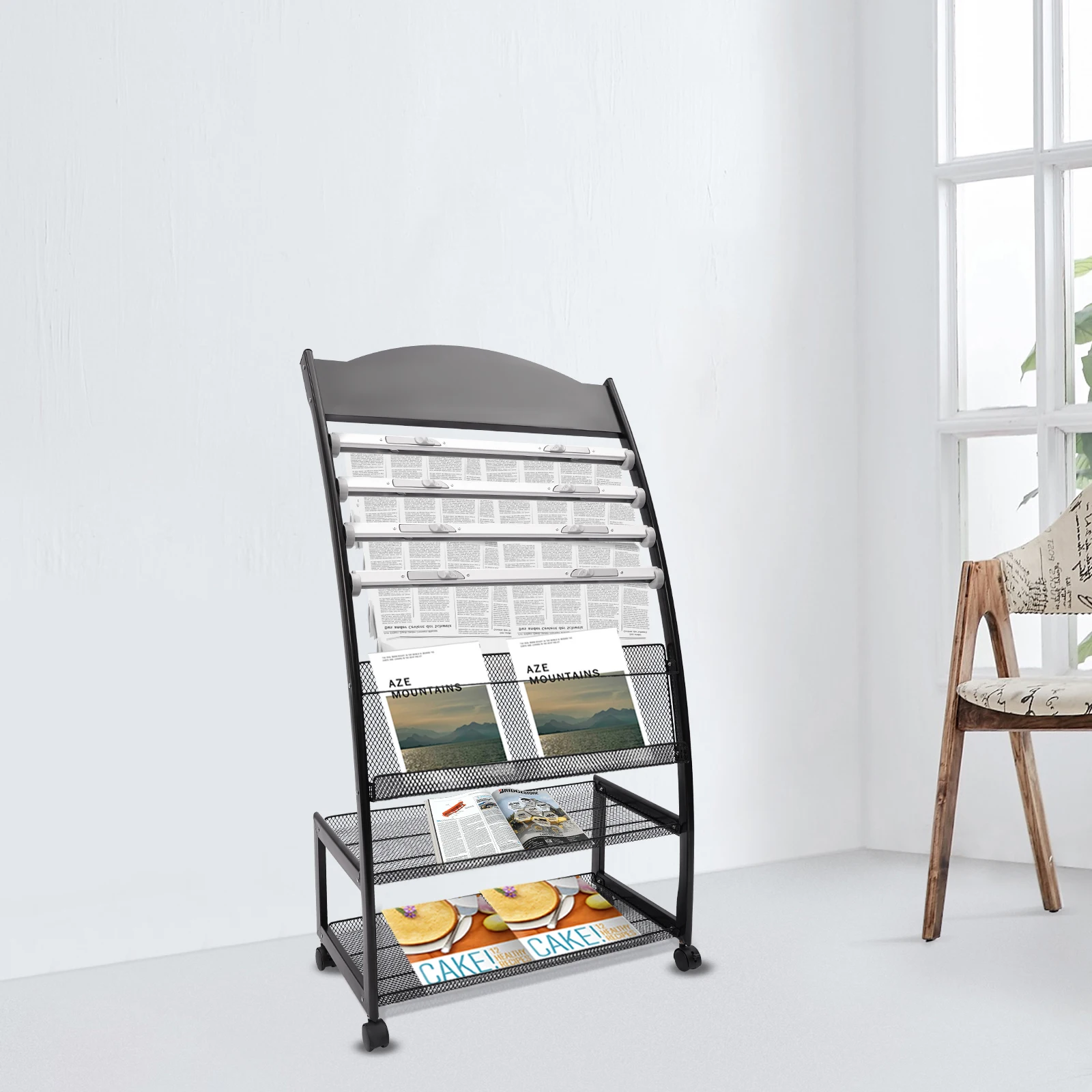 

Floor-Standing Magazine Display Stand with 4 Wheels Movable and Fixable Brochure Display Stand Living Room Indoor