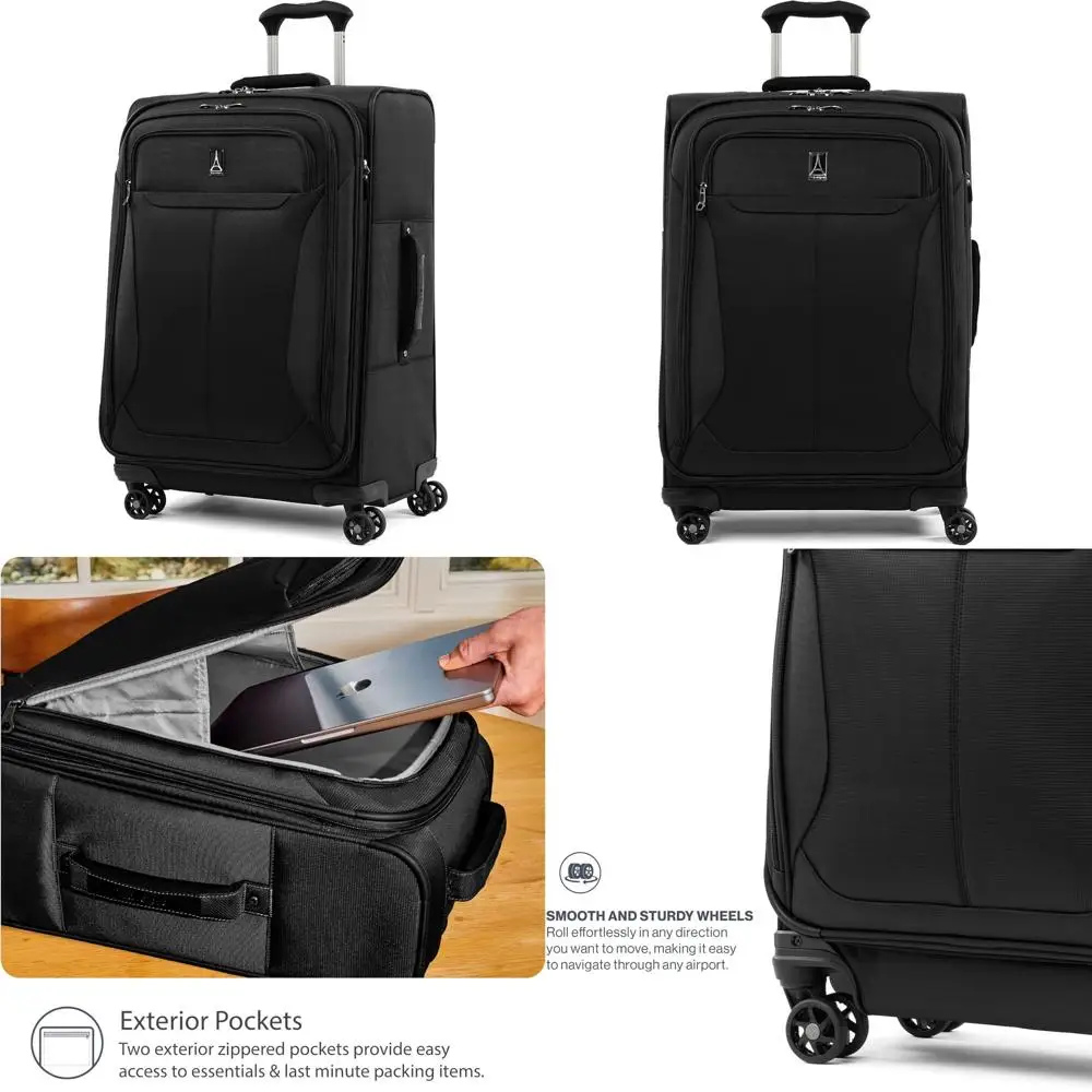 

Расширяемый средний легкий чемодан-спиннер с 4 колесами для проверенного багажа, черный