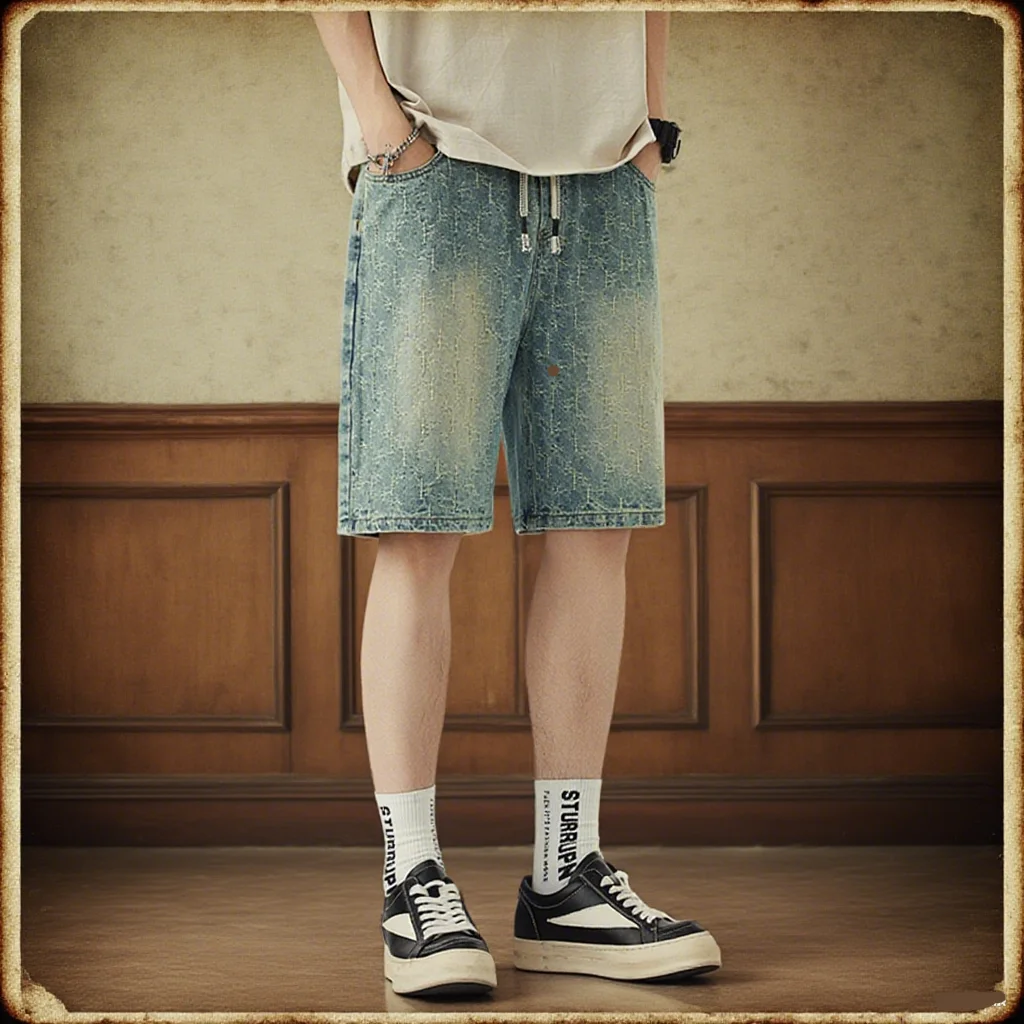 

Summer New Mens Oversized Wide Shorts Lightning Cracked Y2k Baggy Jeans Washed Streetwear Fashion Loose Calf-length Denim Pants
