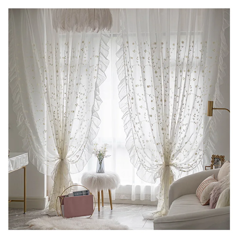 White Sheer Embroidered Flowers Tulle Curtains French Elegant Ruffle Design Linen Breathable Window Curtains for Living Rooms