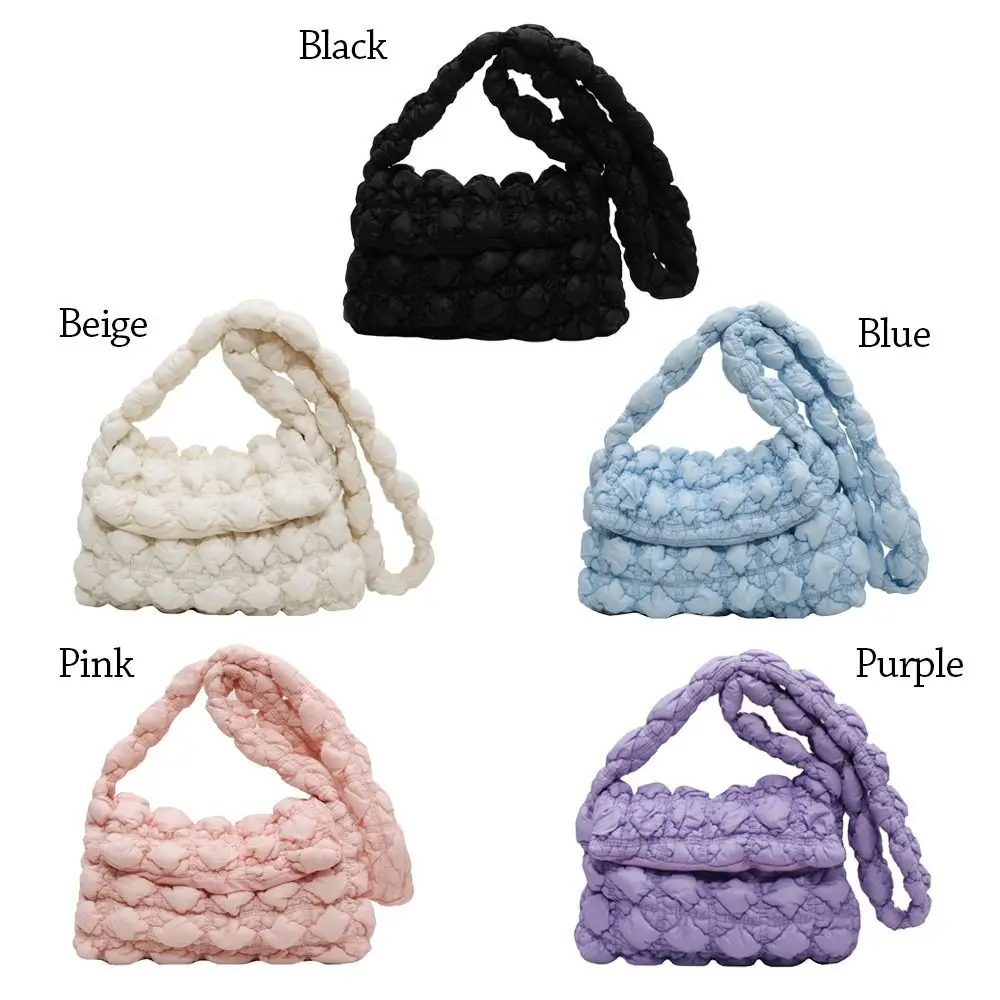 Pleated Bubbles Shoulder Bag Cute Embroidered Plaid Quilted Handbag Solid Color Tote Bag Women Girls