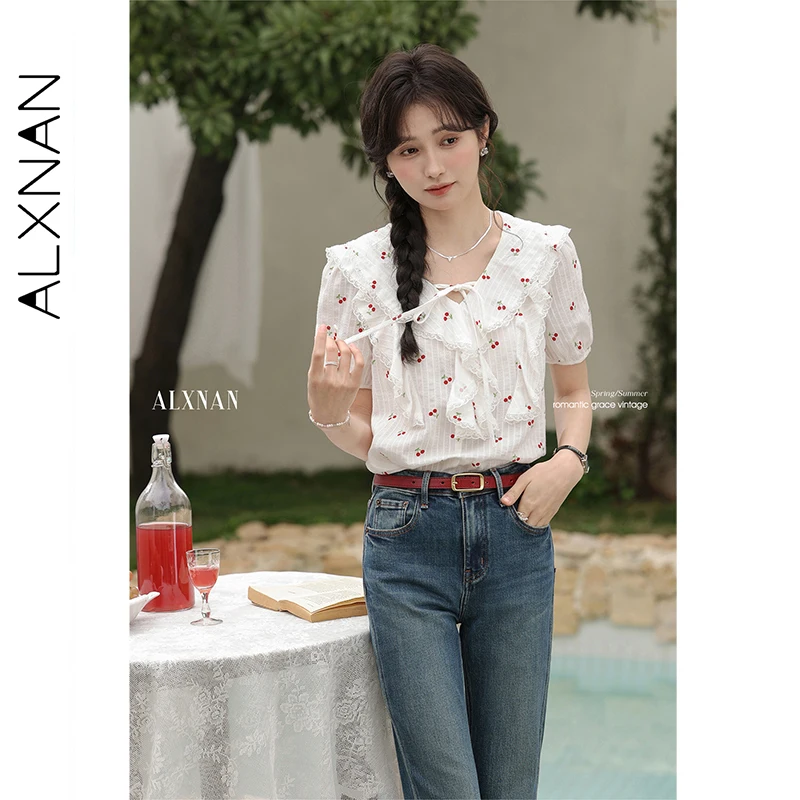 ALXNAN Women Shirt Cute Cherry Print Lace-up Cotton 100% Blouses Peter Pan Collar Flounce Design Short Sleeve Tops Ladies L53556