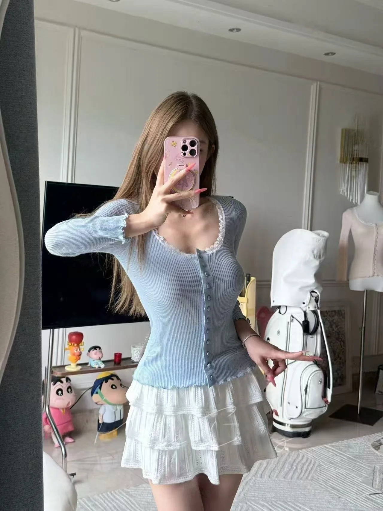 Blue Lace Splice Seven Sleeve Knitted Top Slimming White Enhancing Base Shirt T-Shirt Casual Style Standard Fit Knitted Lace ...