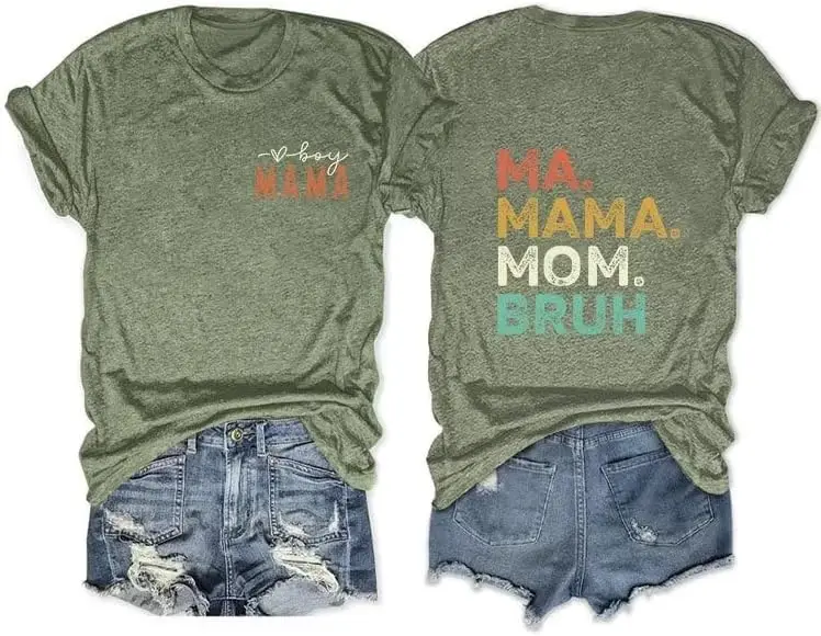 Ma Mama Mom Bruh Shirt Women Boy Mama T Shirt Funny Mama Letters Print Shirts Casual Short Sleeve Tee Tops Olive