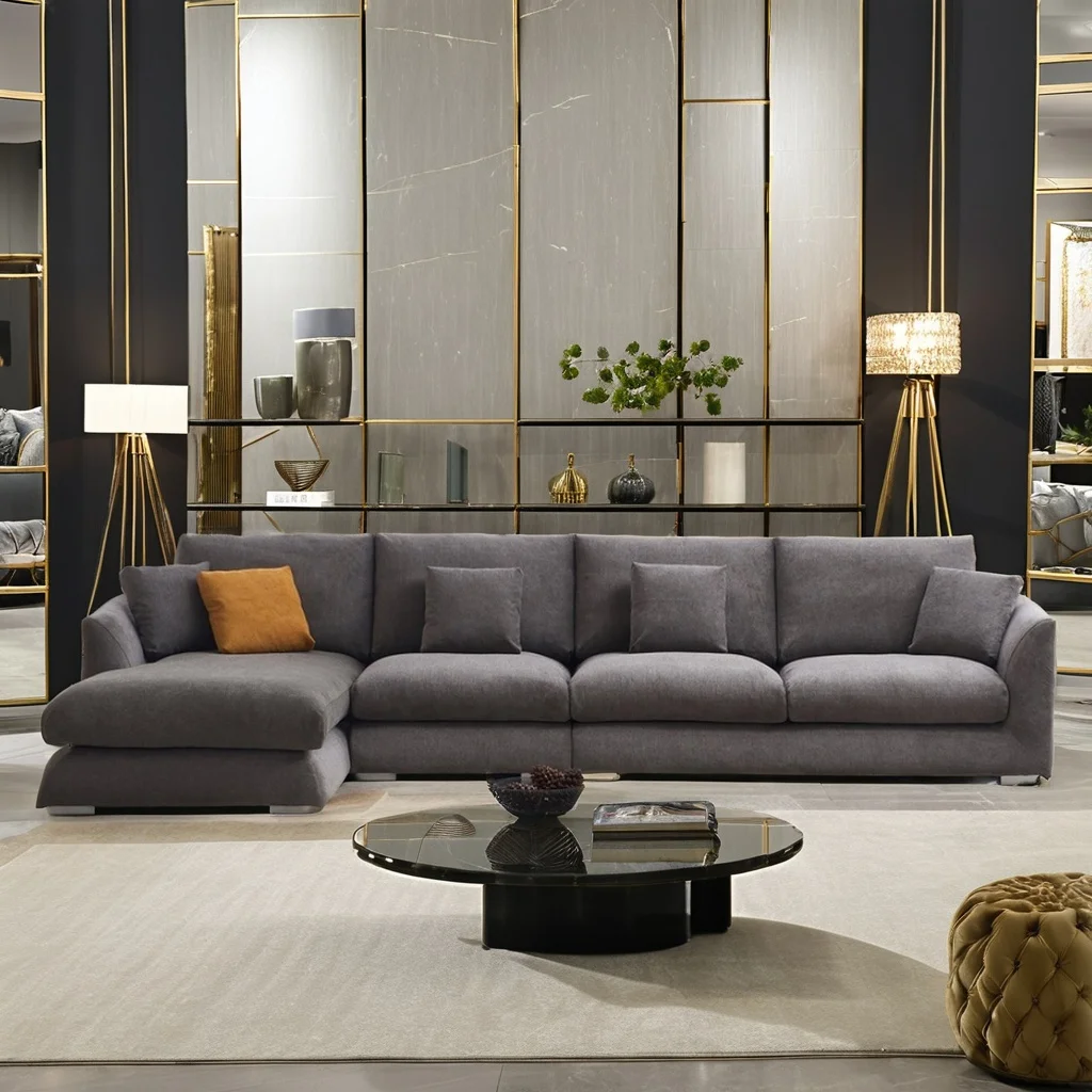 Modern Luxury Living Room Feather Down Sofa L Shape With Chaise Sectional Linen Couch Modular Sofa Couch Set