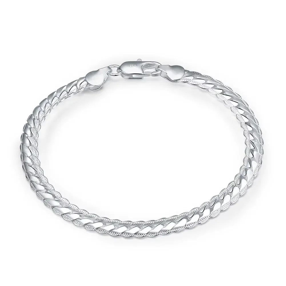 925 Sterling Silver Bracelet 6mm20cm Flat Side Chain Lobster Clasp For Woman Man Wedding Engagement Jewelry