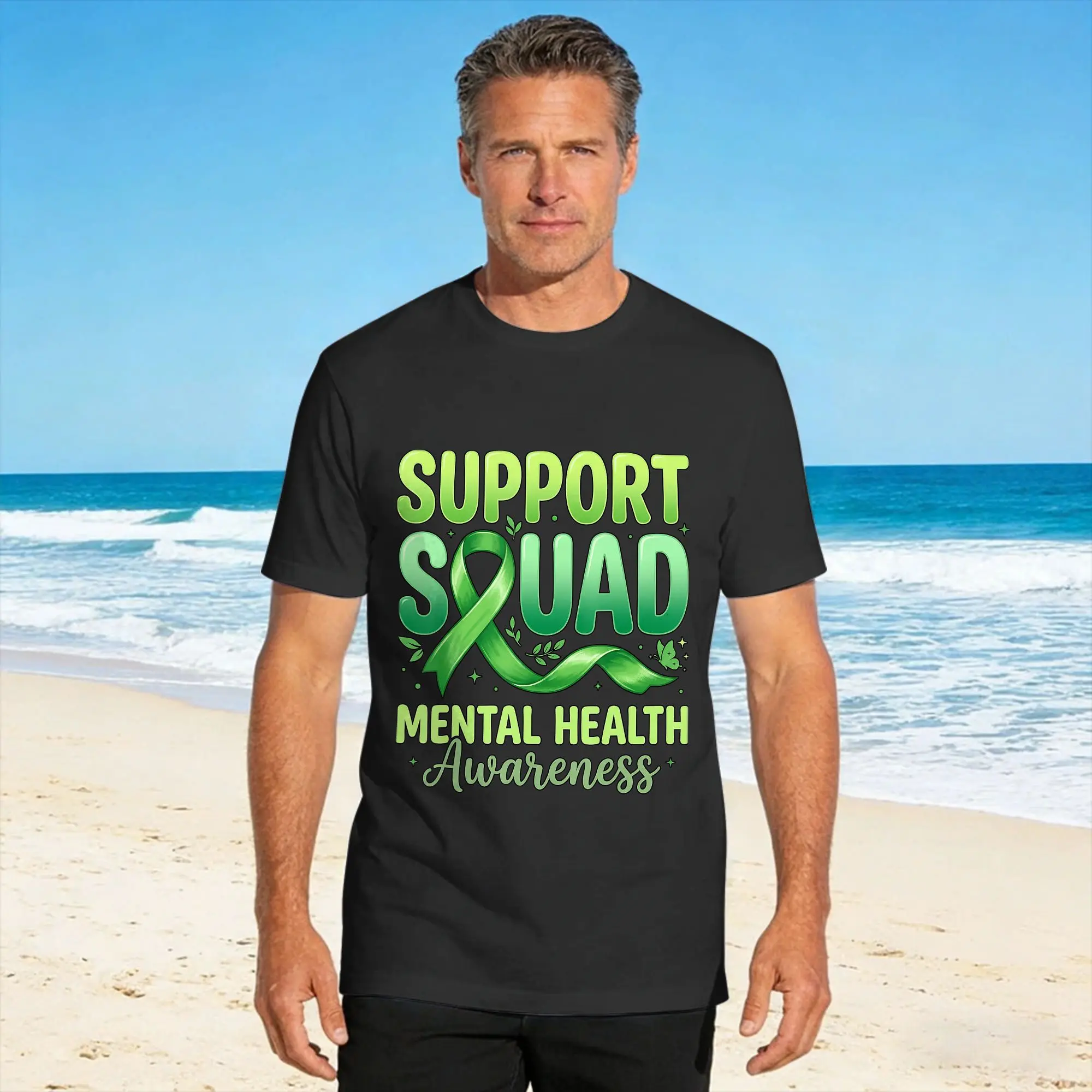 T-shirt Green Support Squad pour la sensibilisation à la santé mentale, à la mode, à manches courtes, Y2K, drôle, été, en pur coton
