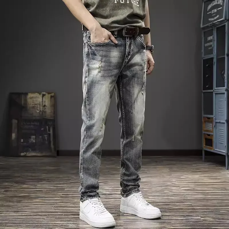 

Fashion Designer Men Jeans Retro Washed Blue Stretch Slim Fit Ripped Jeans Men Italian Style Elastic Vintage Denim Pants Hombre