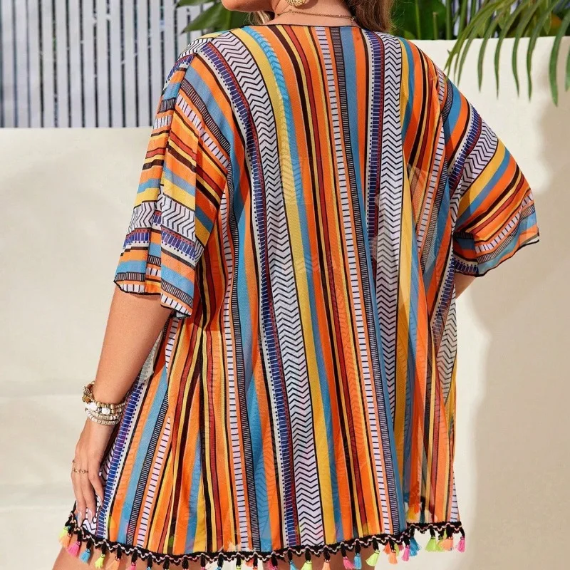 0XL - 4XL Striped Tassel Bikini Large Size Swimwear Swimsuit Women Plus Size Tankini Female Three-pieces Set Bather Bathing Suit