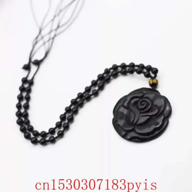 

Natural Black Green Jade Rose Pendant Obsidian Necklace Fashion Fine Jewelry Carved Gemstone Charm Amulet Gifts for Women Men