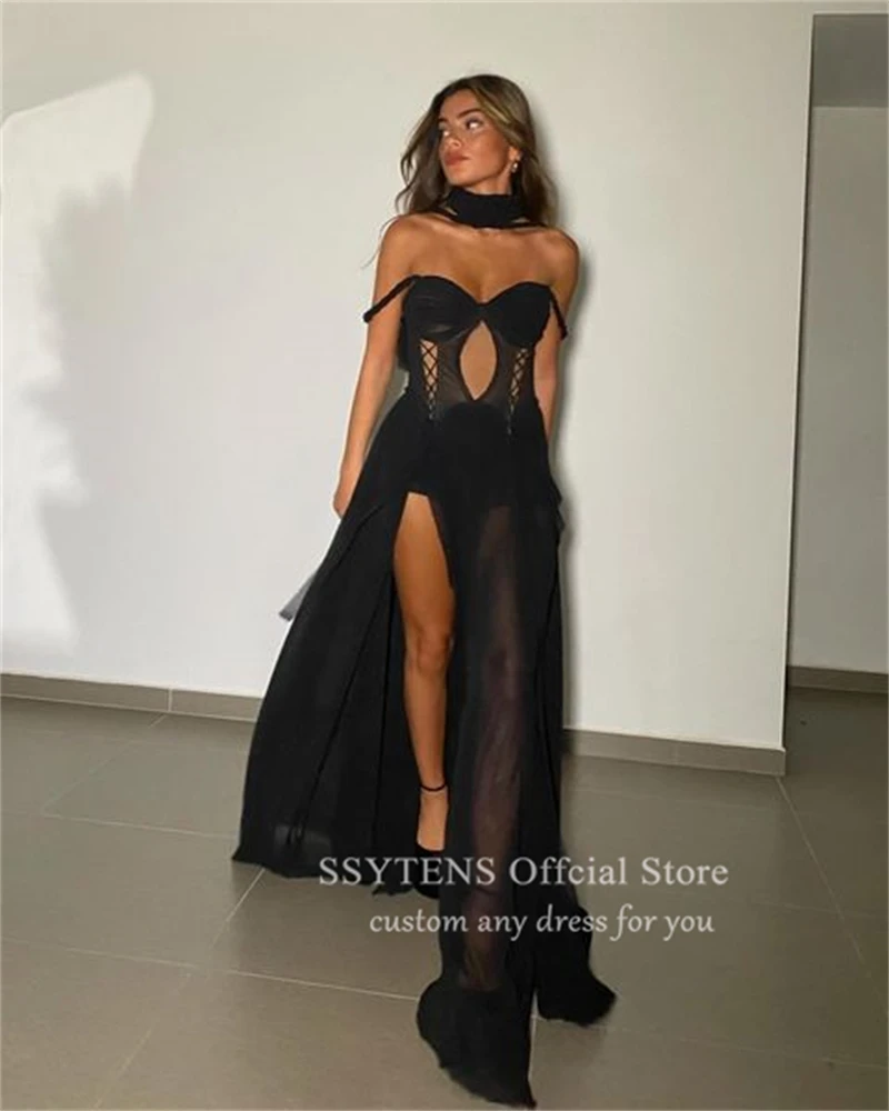 Sexy Long Evening Dresses Black Chiffon Off the Shoulder High Slit Lace Up Back Party Gown Floor Length Gowns Vestido De Noche