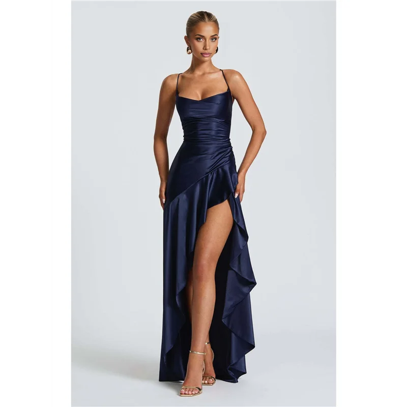 AOAO- فستان كوكتيل نسائي برقبة على شكل حرف V بدون أكمام من الساتان بحاشية مكشكشة ضيقة وطويلة غير رسمية مفتوحة من الخلف بفتحة عالية #5