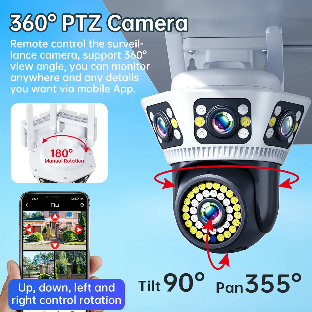Yoosee WiFi Security Camera 3 Lens 3 Screen 6K WIFI PTZ Smart AI Human Detection Auto Tracking Mini Home/Shop Surveillance CCTV