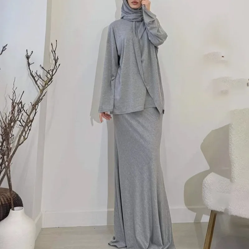 HKSH Spring Autumn New Women Two-piece Set O-neck Long Sleeve Solid Color Tee With Headscarf Casual Skirt Elegant Trendy HK12206