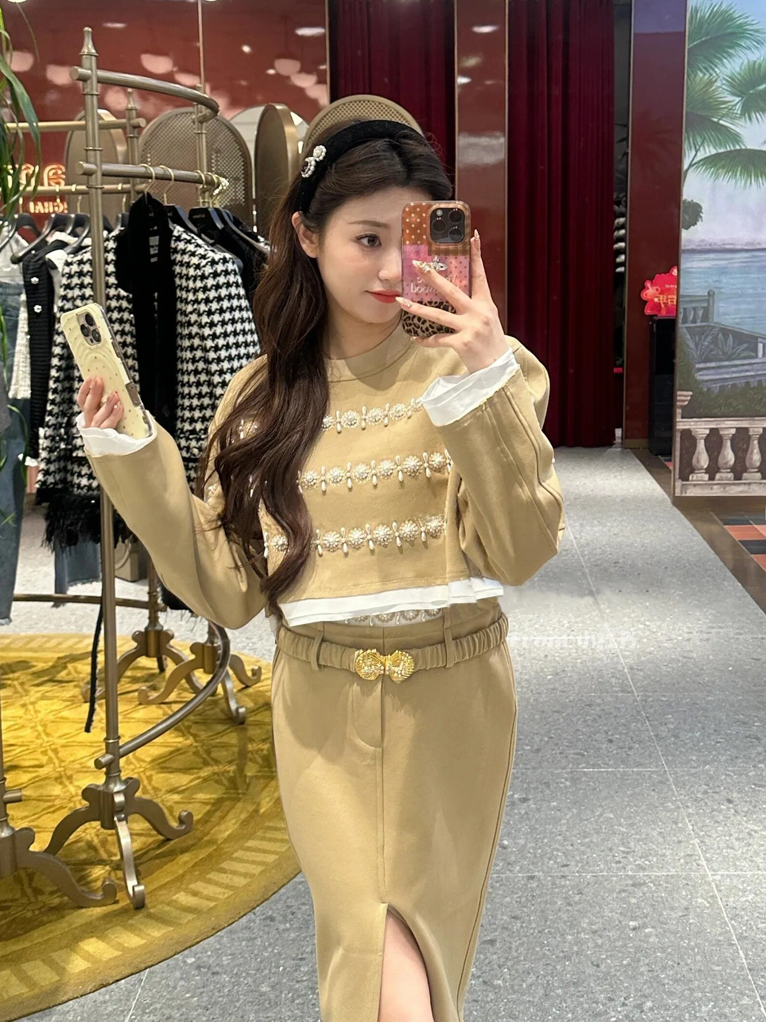 Conjunto de falda y sudadera coreana Sle ort de gama alta para mujer, Faion, primavera, nuevo bordado pesado, cuentas, fibra de poliéster de dos piezas