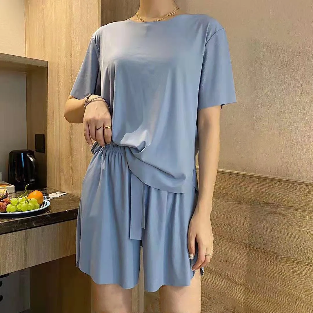 

Cool Soft Hong Kong Style Home Wear Set Short Sleeve Loose Waist Design Thin Summer Two Piece Pure Color Long Pants