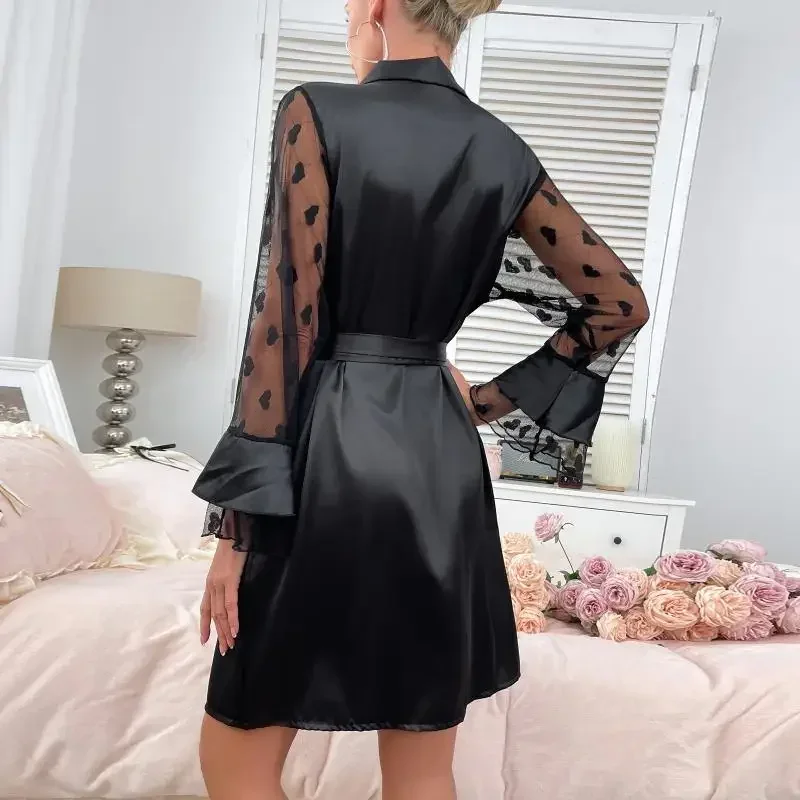 

Новая мода с v-образным вырезом, женский кружевной халат с длинными рукавами, черное атласное кимоно, интимное белье, женские летние новые пижамы, одежда для дома