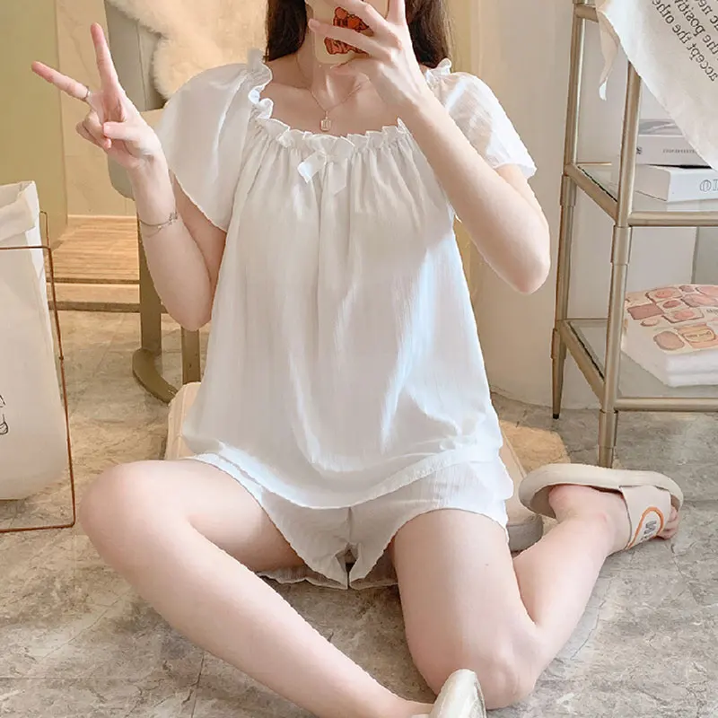 Sexy Sling Silk Women's Bowknot Pyjamas Set Sleeveless Sweet Grils Cute Pijamas Leisure Short Sleeves Short Pants Soft Sleepwear