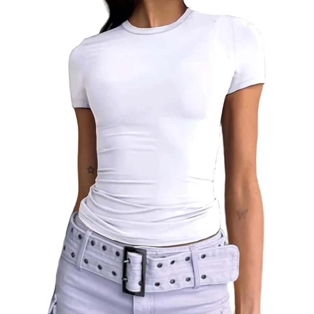 

Women's Pullover T-shirt Slim Fashion Solid Color Casual Pullover Fashionable Round Neck Short Sleeved Top Versatile Daily Tops
