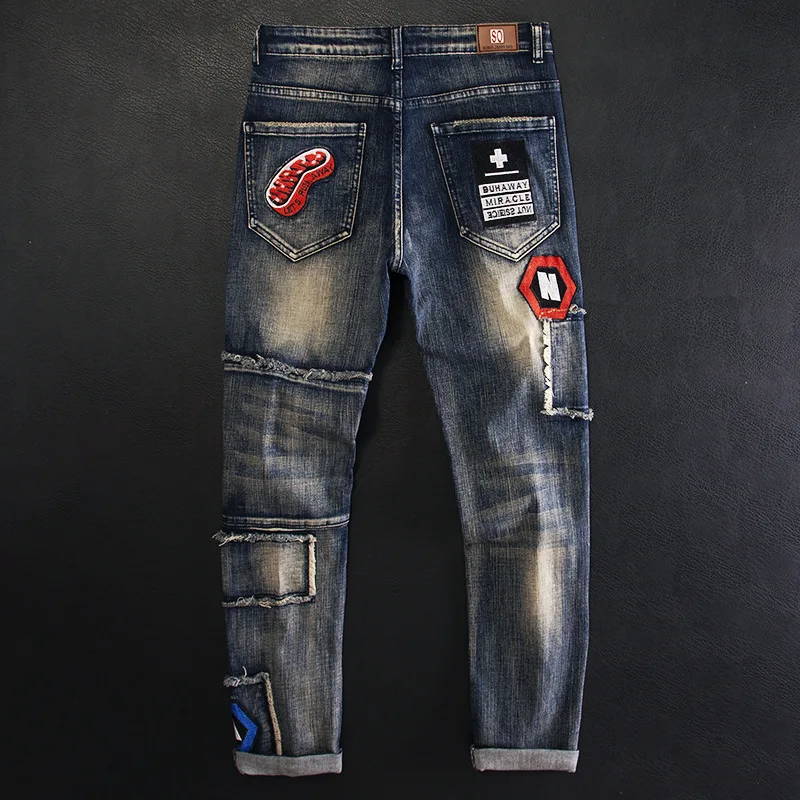 

Embroidered Patch Distressed Patchwork Jeans for Men Slim Fit Stretch Motorcycle Street Style Trendy Denim Pants