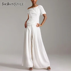 TWOTWINSTYLE Solid Two Piece Set For Women Diagonal Collar Short Sleeve Top High Waist Wide Leg Pant Chic Sets Female Fashion