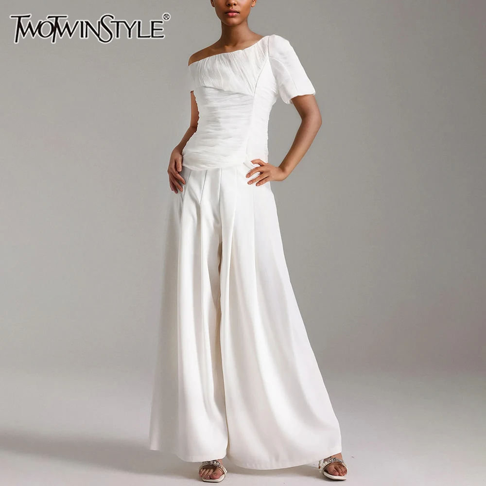 TWOTWINSTYLE Solid Two Piece Set For Women Diagonal Collar Short Sleeve Top High Waist Wide Leg Pant Chic Sets Female Fashion