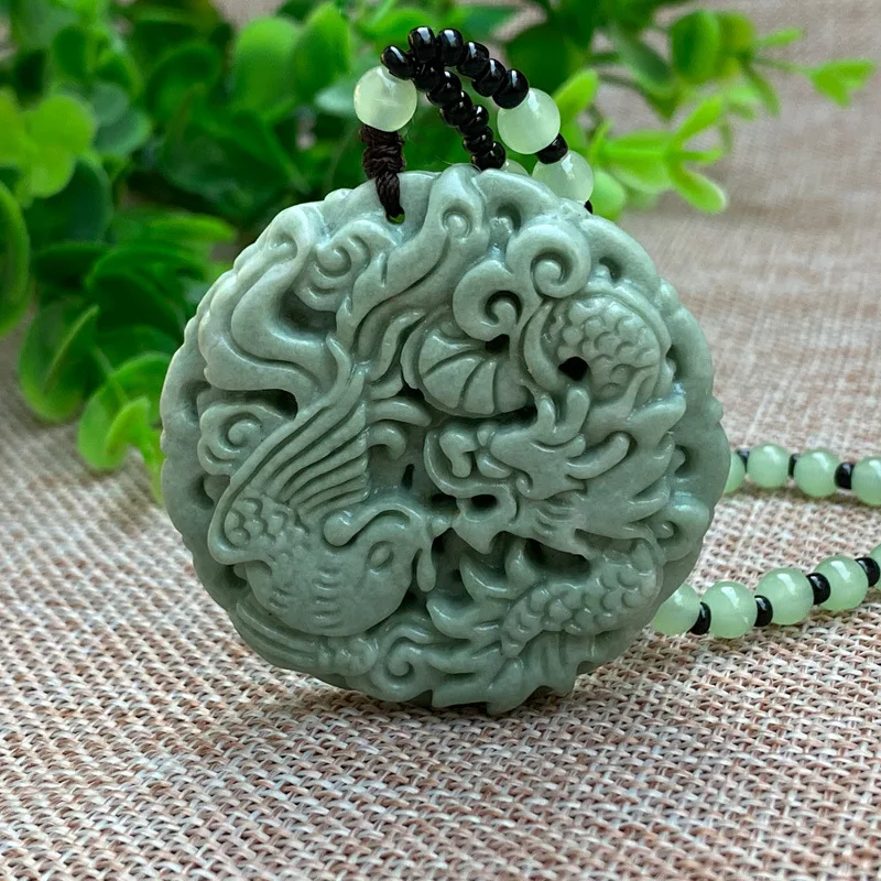 

Natural Bean Green Handicraft Sculpture Dragon and Phoenix Jade Pendant Men's and Women's Loan Chain Gifts