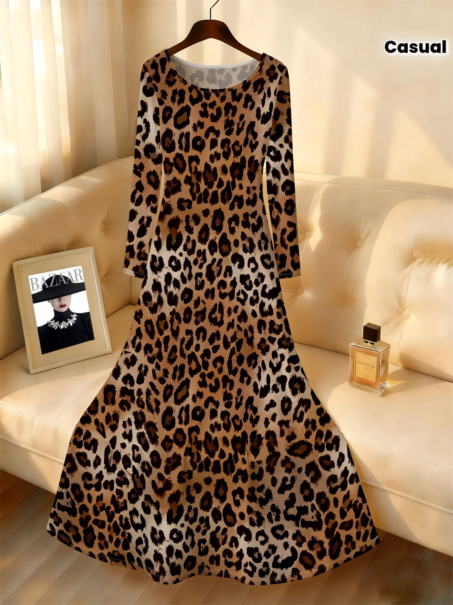 

Casual Leopard Print Long Sleeve Dress for Women Fall Winter Fashion A Line Bodycon Midi Dress Trendy Streetwear Office Wear