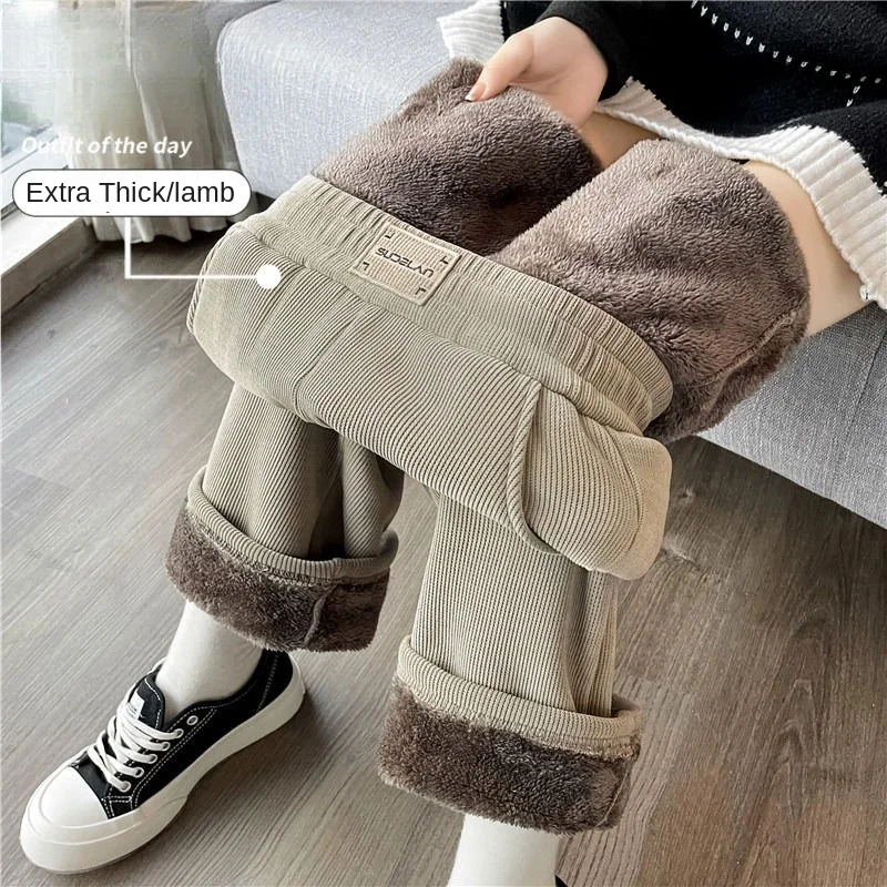 

Winter Warm Thicken Lambswool Straight Pants Women Casual Elastic High Waist Fleece lined Wide Leg Pantalones Chic Baggy Pants