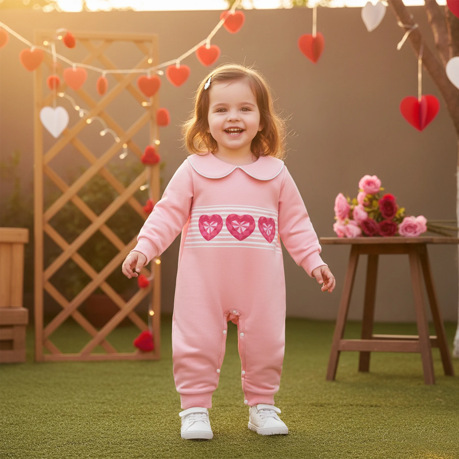 Baby Girl Valentine's Day Romper Long Sleeve Doll Collar Hearts Stripe Print Full Length Jumpsuit