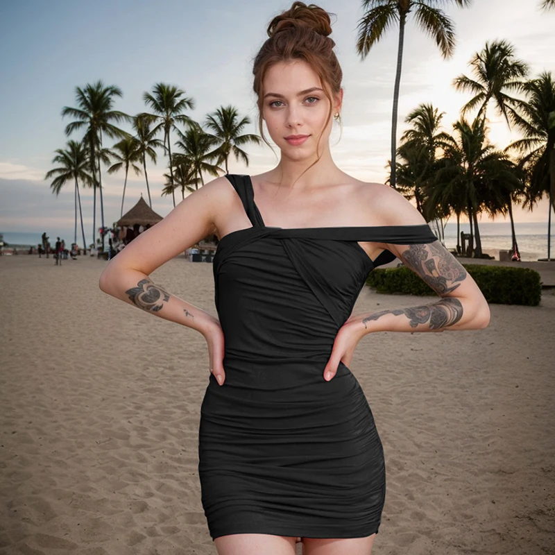CUTENOVA Women'S Spring And Summer New Asymmetric One-Shoulder Camis Solid Color Twisted Sexy Shrink Pleated Package Hip Dress