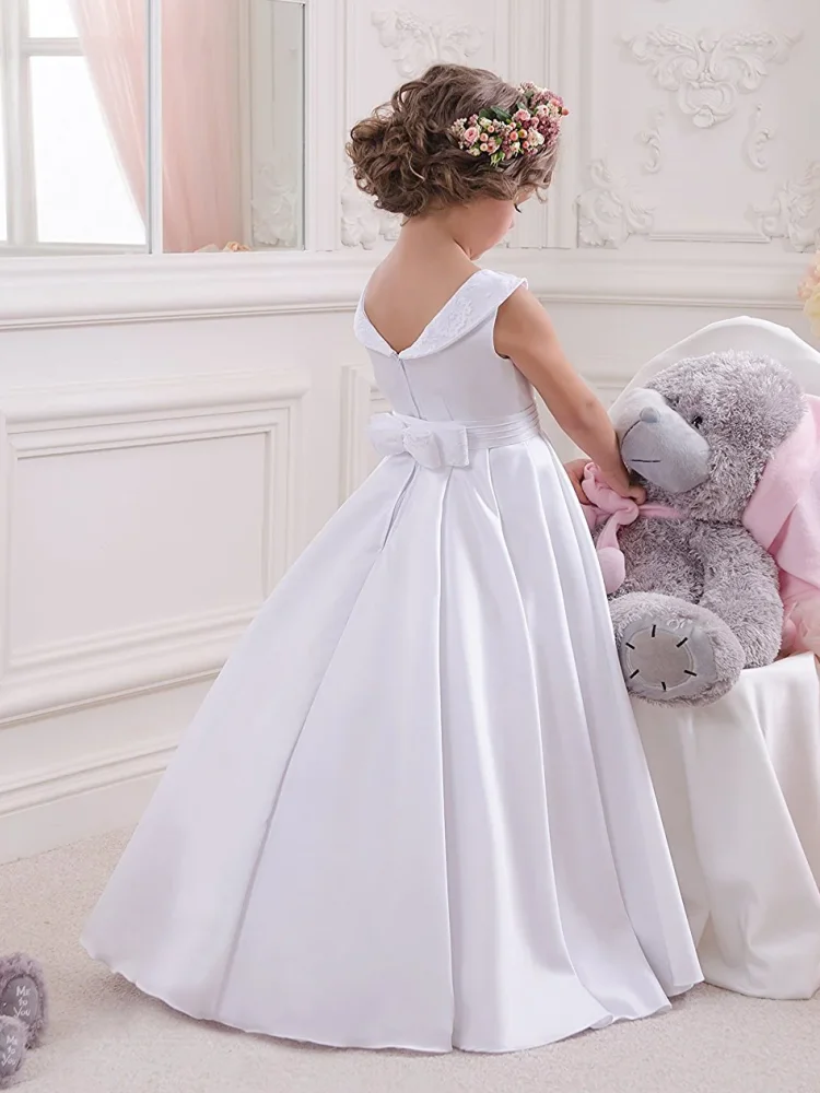 White Flower Girl Dresses Satin Appliques With Bow Sleeveless For Wedding Birthday Party Banquet First Communion Gowns