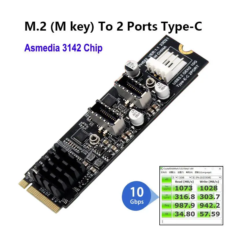 

M.2 (M key) to 2 Ports Type-c Host Controller Card 10 Gbps USB 3.2 Gen2 USB C