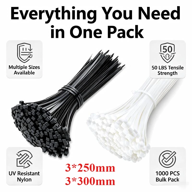  Nylon Cable Ties Adjustable Self-locking Ties Straps Uv Resistant Plastic Wire Ties for Home Office Cord Management Electrical
