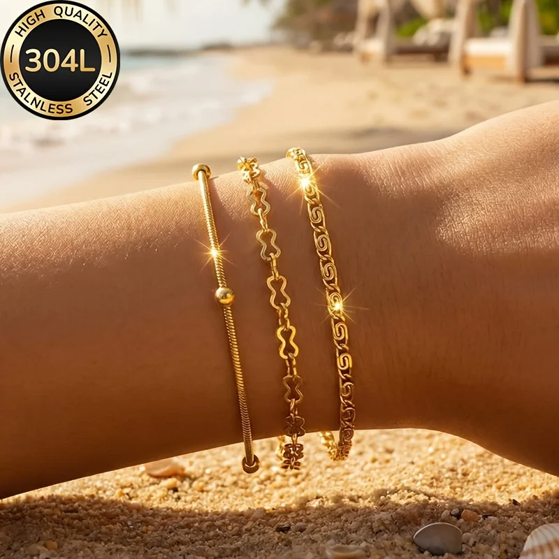 3-Piece Elegant Stainless Steel 18K Gold-Plated Bracelet Set for Women - Simple and Chic Stackable Bracelets, with a 1.96-Inch Extension Chain, Perfect for Everyday Wear and Vacations, Ideal Gift