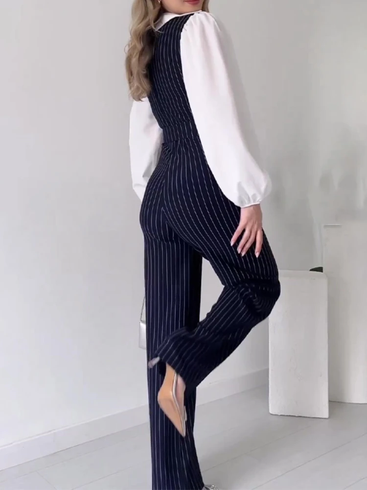 Spring Summer Long Sleeve Turn-down Collar Rompers Fashion Party Jumpsuits Woman Elegant Splice Stripe Loose Play Suits Trousers