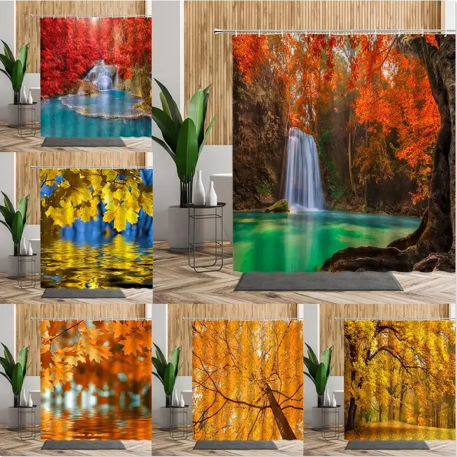 Forest Maple Tree Shower Curtain Waterfall Jungle Autumn Nature Orange Leaves Bathroom Decor Bath Curtains Home Decoration Cheap