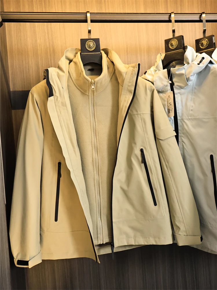 

High-End Men's Outdoor Tee-In-One Fce Lined Jaet Windproof Waterproof Autumn Winter Faion Urban Sle Long Sve Ho...