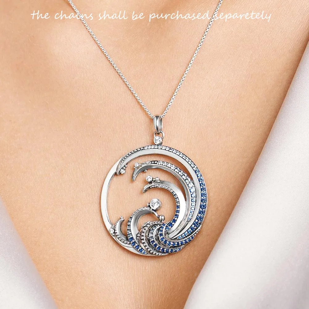 Wave With Blue Stone Pendants New Expressive Jewelry Pure 925 Sterling Silver Accessories Ocean Gift For Women