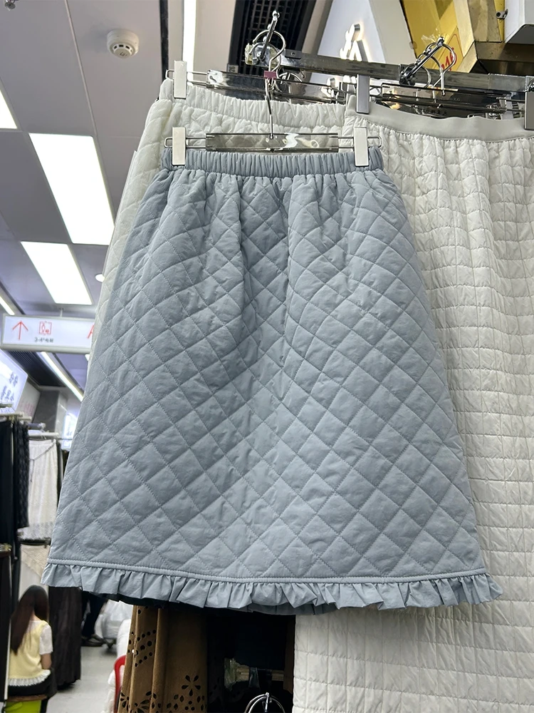 Women's Autumn Winter Elastic Waist Ruffles A Line Cotoon Padded Skirt Lady Solid Color High Waist Diamond Pattern Quilted Skirt