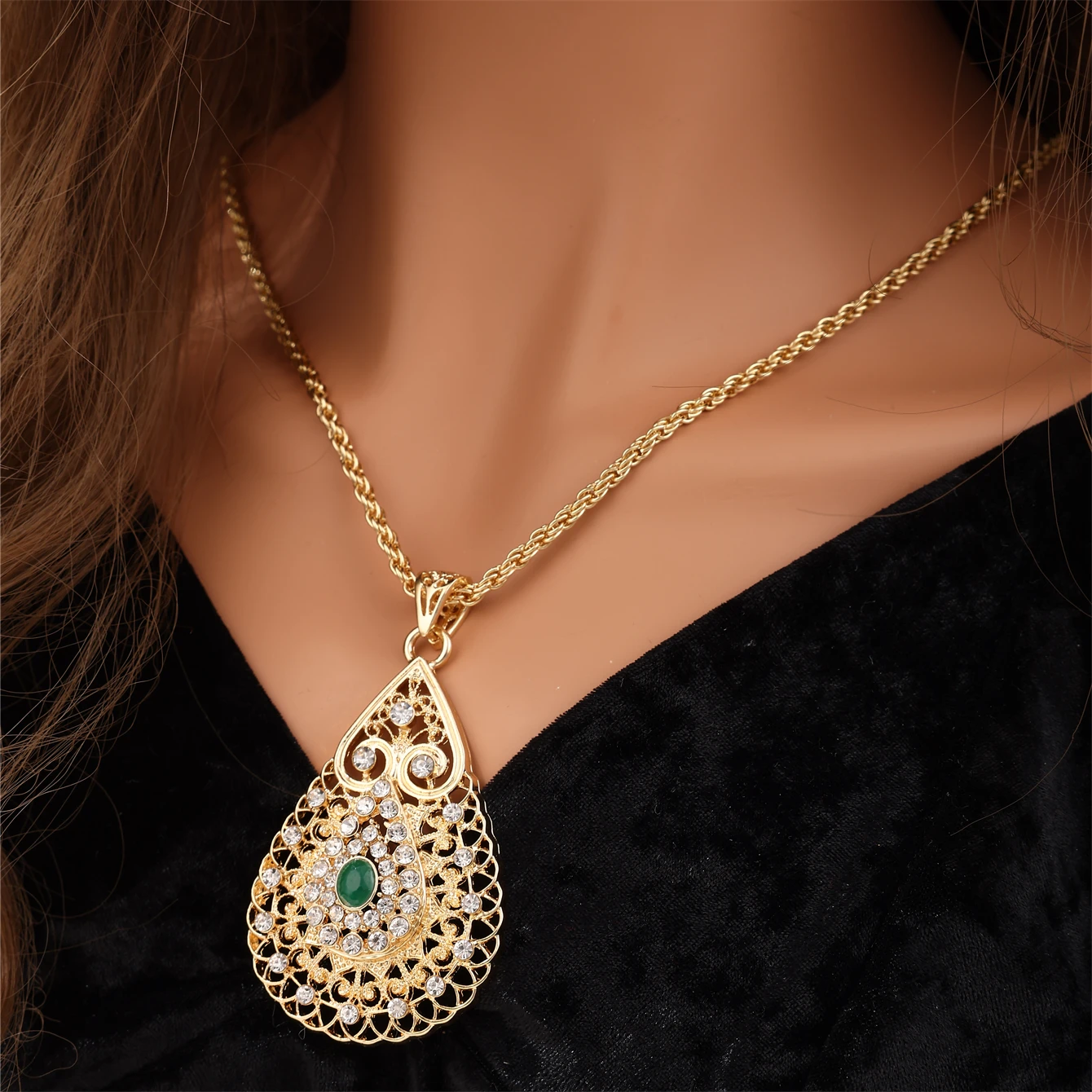 

Moroccan Bridal Chain Necklace Water Drop Shape Rhineston Pendent Middle Easten Woman Caften Head Jewelry