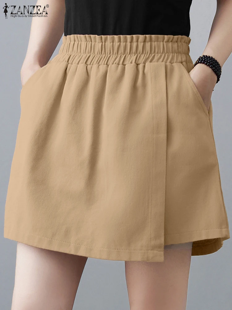 

ZANZEA Women Casual Loose Wrap Shorts 2025 Summer Elastic Waist Solid Color Wide-Leg Short Pants Ladies Leisure Everyday Skorts