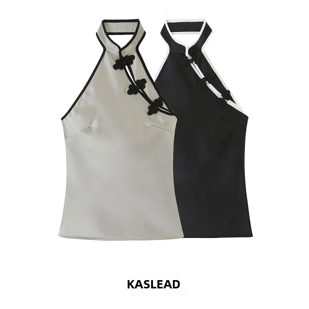 KASLEAD Women's Silk Satin Feel Collarless Top Wind Rope Knot Hanging Neck Design Polyester Fiber Regular Length 2026 Autumn