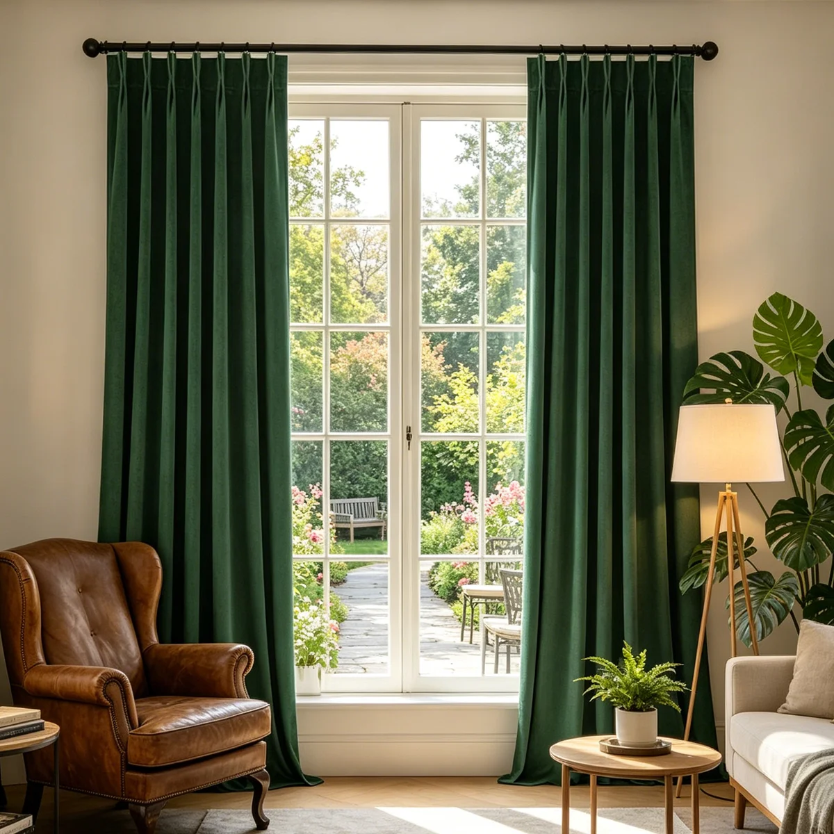 

2 Panels Dark Green Velvet Pinch Pleat Curtains, Retro Luxury Blackout Drapes for Living Room & Bedroom