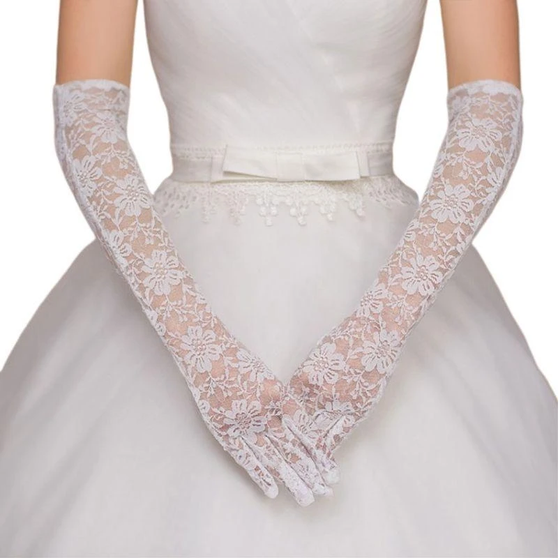 

652F Women Girls Summer UV-Proof Driving Long Gloves Mesh Floral Lace Solid Color Full Finger Mittens for Wedding Party