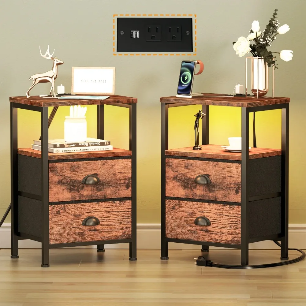 

2025 NEW Satifur Bedside Table with Charging Station,Set of 2 LED Nightstand with 2 Fabric Drawers,Rustic Brown