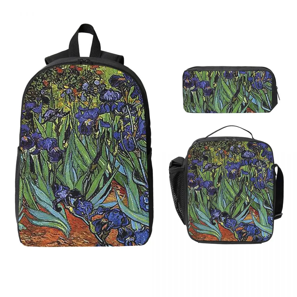 

Винтажный рюкзак Vincent Van Gogh Irises 1889, студенческий рюкзак для мальчиков и девочек, школьная сумка, 3 шт., изолированная сумка для обеда, пенал