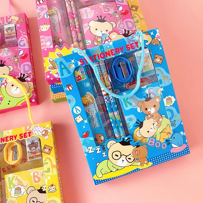 1Sets 6 In 1 Stationery Set Pencil Set Eraser Primary School Children Gift Box Kindergarten Learning Material Birthday Gift Girl