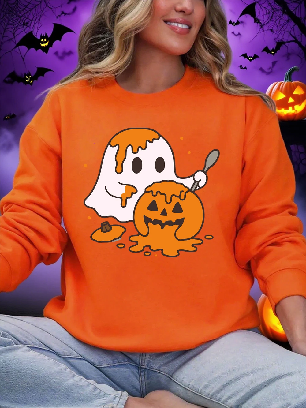 Nette Geister Drucke Halloween Sweatshirt Frauen Winter Fleece Warme Hoodies Crewneck Lose Pullover Bequeme Weiche Frau Kleidung